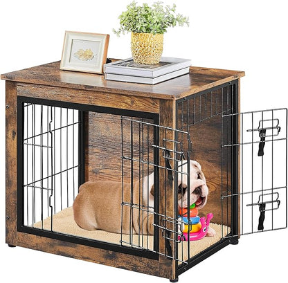Yaheetech 27.5'' Dog Crate Furniture with Cushion Wooden Dog Crate with Double Doors/Adjustable Feet Side End Table for Small/Medium Dogs, 27.5" L x 20" W x 24" H