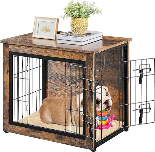 Yaheetech 27.5'' Dog Crate Furniture with Cushion Wooden Dog Crate with Double Doors/Adjustable Feet Side End Table for Small/Medium Dogs, 27.5" L x 20" W x 24" H