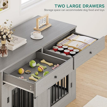 YITAHOME 60" Wooden Dog Crate Furniture with Removable Divider & Storage Drawers, Double Door Kennel with Locks for Medium and Large Dogs, Multi-Functional Dog Crate End Table for Indoor use, Grey