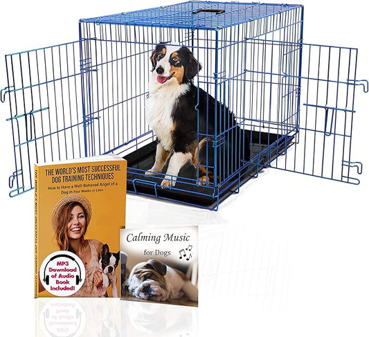 PET Expressions Luxury Colorful 36 Inch Foldable Dog Crate with 2 Doors | Free Training Ebook and Pet Calming Music | 3 Colors & 3