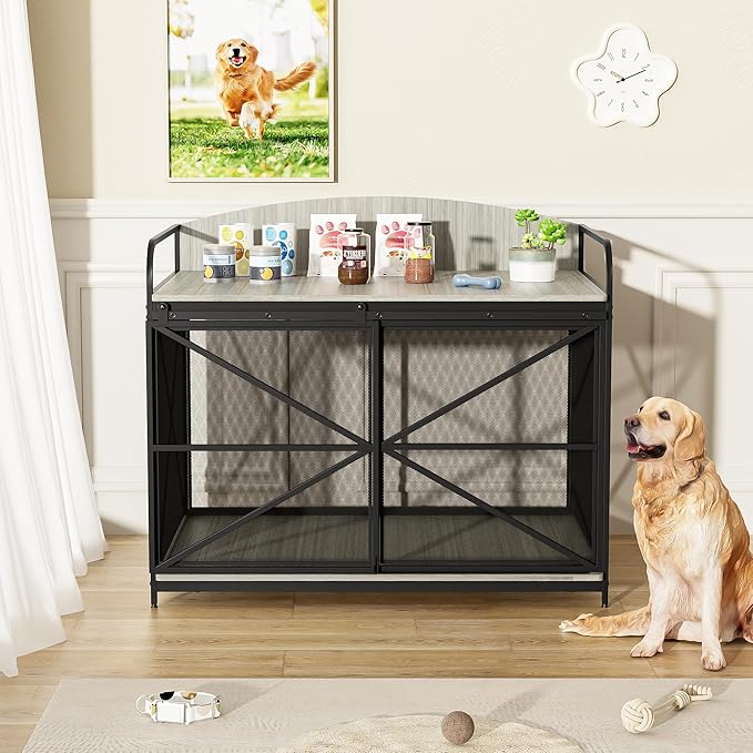 Merax 42.8" Heavy Duty Large Dog Crate Furniture for Large Medium Dog, Farmhouse Wooden Dog Kennel Indoor End Table, Decorative Pet House for Dogs, Gray