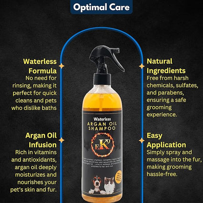 E3 Waterless Dog Shampoo 16 oz - Argan Oil Scented Dry Shampoo for Dogs & Cats - No Rinse - Waterless Pet Shampoo for Grooming - Softens Coat & Controls Odor - Dog Dry Shampoo, Safe & Easy Bathing