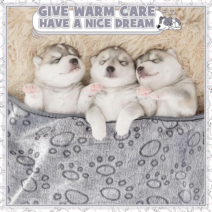 Tegeme 12 Pieces Pet Blanket Soft Fleece Dog Fluffy Doggie Warm Felt Throw Spring Cute Paw Print Puppy Kitten Sleep Mat Bed Covers for Cat(23 x 16 Inch,Gray)