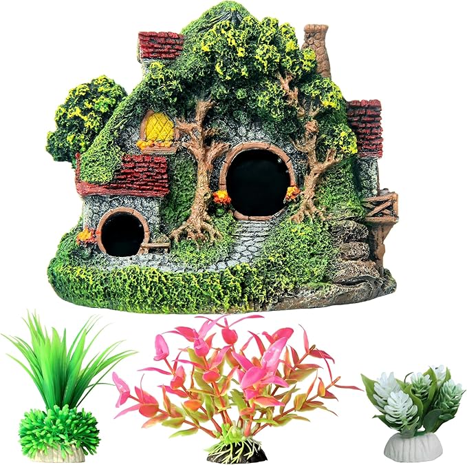 RVQIGYP[Magic Underwater Cabin Fish Tank Landscaping Hobbit House Decoration | Handmade Resin Material Waterproof and Anti-Fading | Fairy Tale Style Aquarium Landscaping Give Away Water Plants