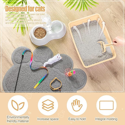7 Pcs Small Cat Kitten Starter Kit Cat Litter Box with Shovel Paw Litter Mat Double Automatic Kitten Bowls Toy Teaser Stick Collar Essentials Kits for 1-3 Lbs Beginner(Simple,Khaki)