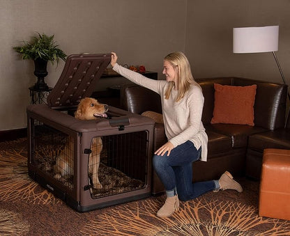 Pet Gear _he Other Door 4 Door Steel Crate for Dogs/Cats with Garage-Style Door, Includes Plush Bed + Travel Bag, No Tools Required, Espresso