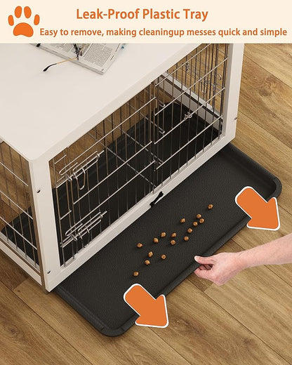 Piskyet Wooden Dog Crate Furniture with Divider Panel, Dog Crate End Table with Fixable Slide Tray, Double Doors Dog Kennel Indoor for Dogs(M:31.8" L*22.1" W*26.3" H,White)