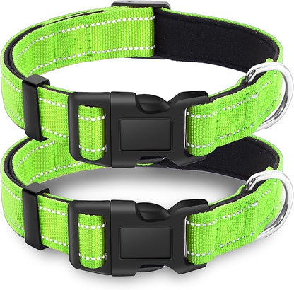 2 Pack Reflective Dog Collar with Safety Locking Buckle, Adjustable Soft Breathable Comfortable Nylon Pet Collar for Small, Medium and Large Dogs, Green, L