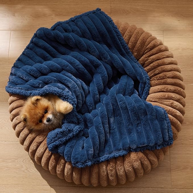 Bedsure Waterproof Dog Blankets for Small Dogs - Soft Puppy Cat Blanket Corduroy Fleece Washable, Cozy Calming Reversible Furniture Protection for Pet Kitten Doggy,25"x35", Navy Blue