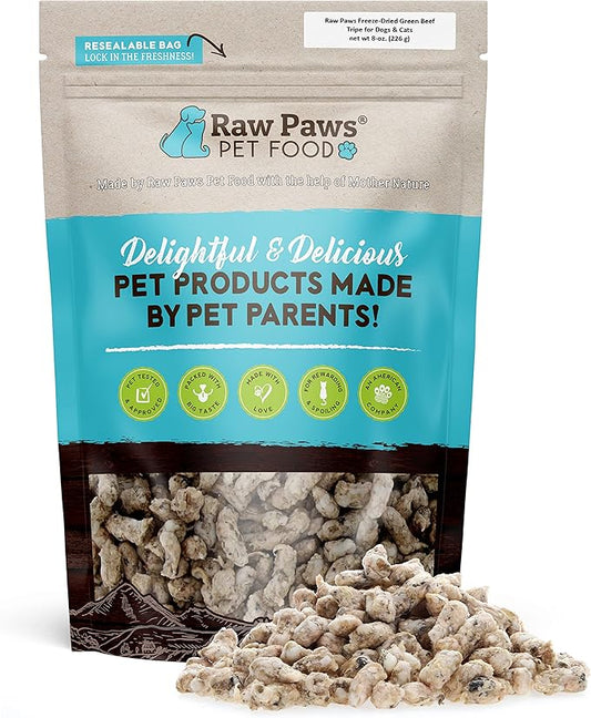 Raw Paws Freeze-Dried Green Beef Tripe for Dogs & Cats, 8-oz - Made in USA - Raw Freeze Dried Dog Treats - Free-Range Cows - Grain & Wheat Free Beef Green Tripe Cat Treats - Raw Tripe Treats for Dogs