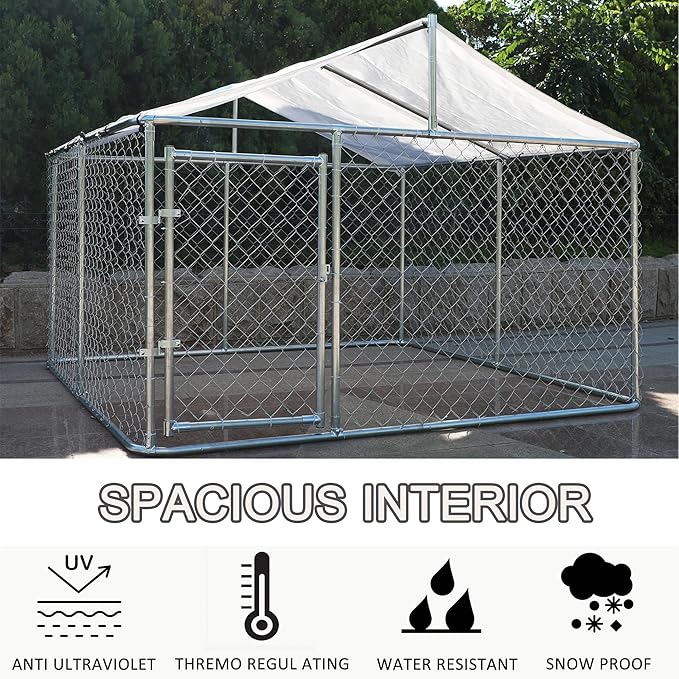 9.8' Outdoor Dog Cage with Waterproof UV-Resistant Cover,Large Metal Galvanized Rustproof Outdoor Puppy Fence W/Security Door,Heavy Duty Kennel for Farm & Garden,Silver