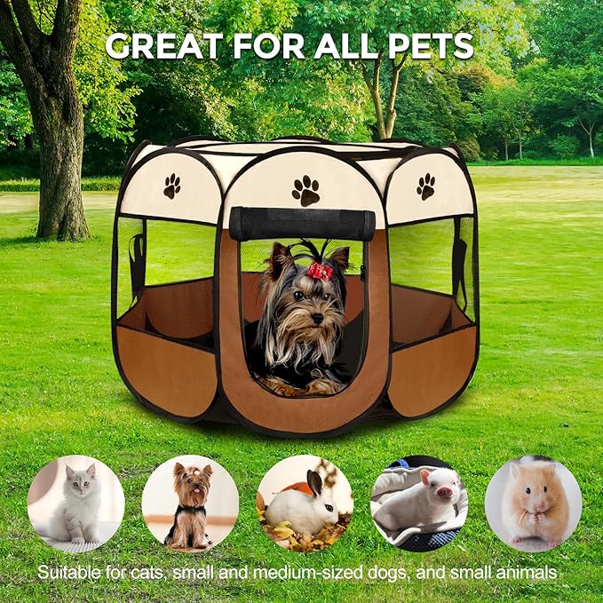 Pet Dog Puppy Playpen Dog Cat Tent Crates, Foldable Exercise Kennel Portable Playpen for Small Medium Dogs/Cats/Rabbits, Indoor Outdoor Travel Camping Use with Removable Zipper Top Brown