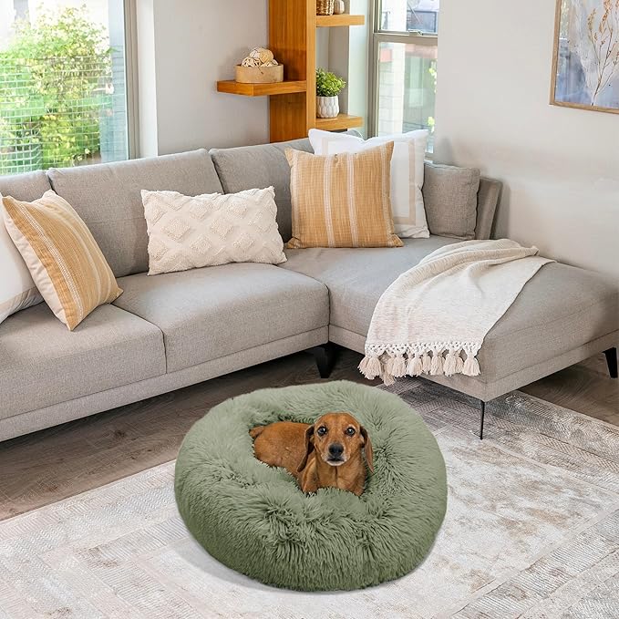 Best Friends by Sheri Original Calming Donut Dog and Cat Bed, Shag Faux Fur, Sage Green, (23in x 23in) - Anxiety Relief for Pets Up to 25 lbs