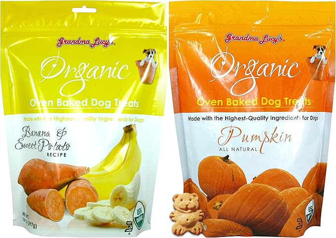 Grandma Lucy's Organic Oven Baked Dog Treats 2 Flavor Variety Bundle: (1) Pumpkin Recipe and (1) Banana and Sweet Potato Recipe (2 Bags Total, 14 Ounces Each)