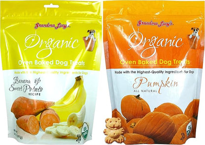 Grandma Lucy's Organic Oven Baked Dog Treats 2 Flavor Variety Bundle: (1) Pumpkin Recipe and (1) Banana and Sweet Potato Recipe (2 Bags Total, 14 Ounces Each)