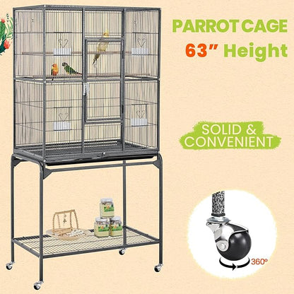 Yaheetech 63-Inch Wrought Iron Rolling Large Bird Cage for African Grey Small Quaker Amazon Parrots Canary Bird Flight Cage