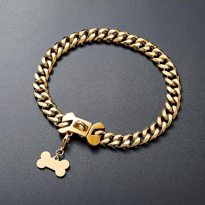 15mm Wide Strong Stainless Steel Bone Style Buckle Gold Dog Chain Collar,18K Gold Plated Cuban Link Chain Big Dog Necklace Collar for Large Dogs - 24''