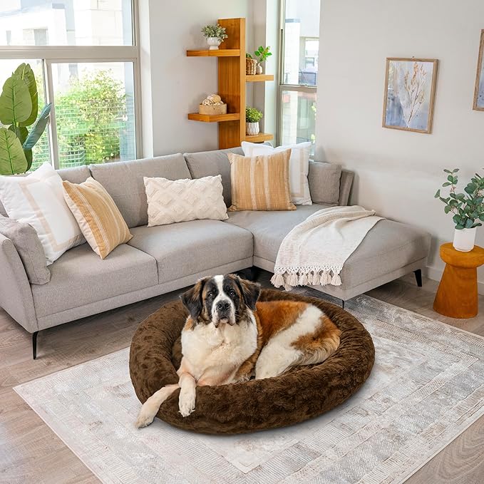 Best Friends by Sheri Original Calming Donut Dog and Cat Bed, Lux Faux Fur, Dark Brown, XL (45in x 45in) - Anxiety Relief for Pets Up to 150 lbs