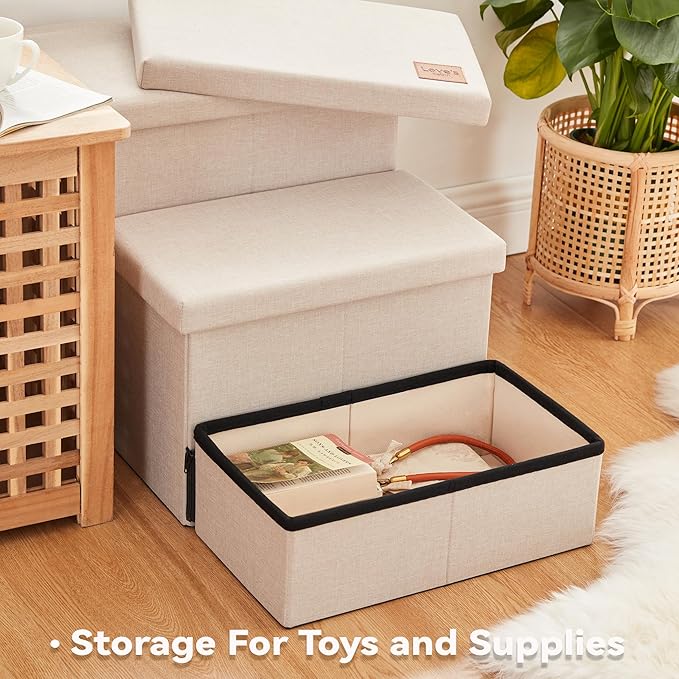 Love's cabin Dog Stairs for Small Medium or Large Dogs with Storage and Condo,Foldable Dog Steps for Bed or Couch,3-Step Gray Folding Cat Dog Ramp with Zip up to 210 lbs,Beige