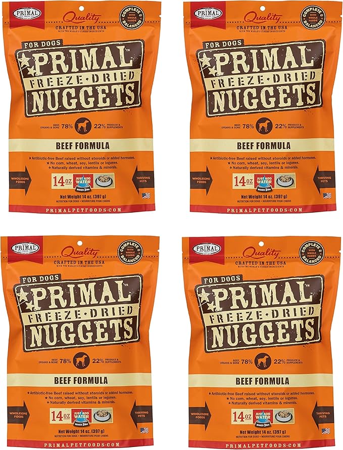 Primal Freeze Dried Dog Food Nuggets, Beef; Complete & Balanced Meal; Also Use as Topper or Treat; Premium, Healthy, Grain Free, High Protein Raw Dog Food, 14 oz (Pack of 4)