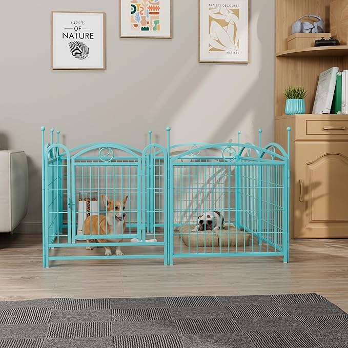24" H Dog Crate Dog Playpen 8 Panels Furniture Heavy Duty Dog Fence Door with Side Openings,Foldable Pet Exercise Pen for Large Medium Small Dogs Indoor Outdoor,Blue