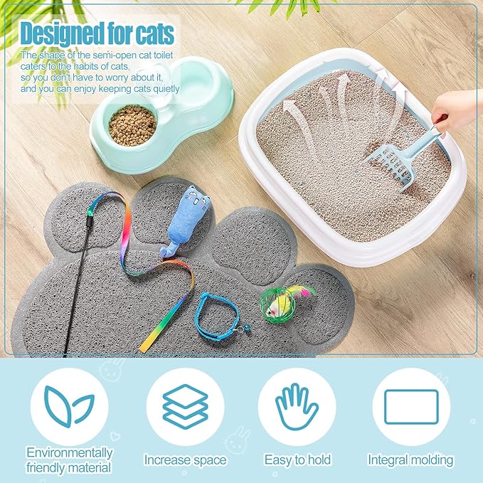 7 Pcs Small Cat Kitten Starter Kit Cat Litter Box with Shovel Paw Litter Mat Double Automatic Kitten Bowls Toy Teaser Stick Collar Essentials Kits for 1-3 Lbs Beginner(Stylish,Fresh Blue)