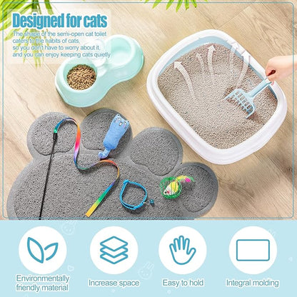 7 Pcs Small Cat Kitten Starter Kit Cat Litter Box with Shovel Paw Litter Mat Double Automatic Kitten Bowls Toy Teaser Stick Collar Essentials Kits for 1-3 Lbs Beginner(Stylish,Fresh Blue)