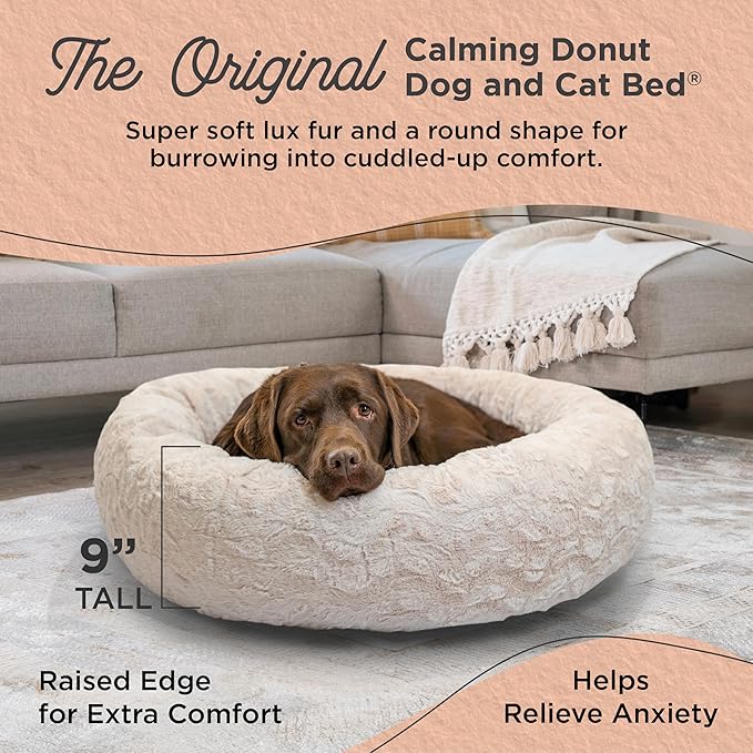 Best Friends by Sheri Original Calming Donut Dog and Cat Bed, Lux Faux Fur, Oyster, (36in x 36in) - Anxiety Relief for Pets Up to 100 lbs