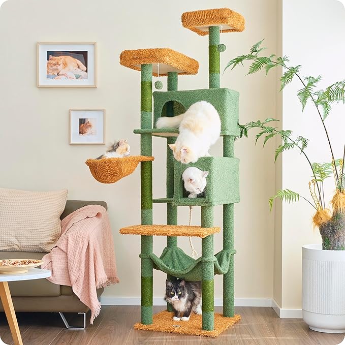 Ouritsu Cat Tree, 73.6 inch Tall Cat Climbing Tower for Large Cat Indoor with 2 Large Condos, 2 Widened Perches, Sisal Covered Scratching Posts, 2 Hammocks, Cactus Green, XLF001GB