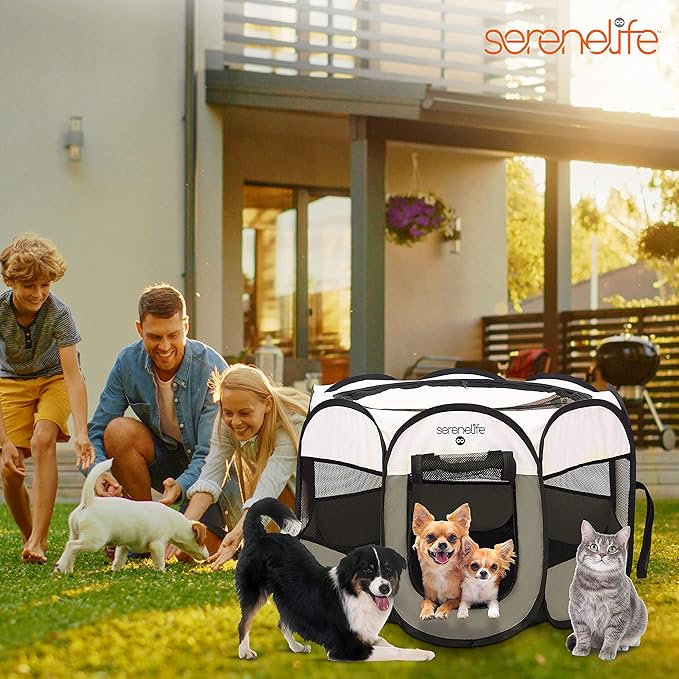 SereneLife On-The-Go Foldable Portable Pet Tent 8-Panel Playpen for Dog & Cat w/Food/Water Bowl, Mesh Exercise Puppy Playground, Pet House Indoor & Outdoor, Travel & Camping Pet Kennel (Grey, Medium)