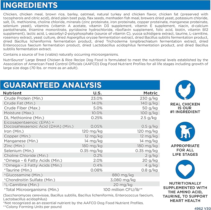 NutriSource Adult Dry Dog Food for Large Breeds, Chicken and Rice, 26LB