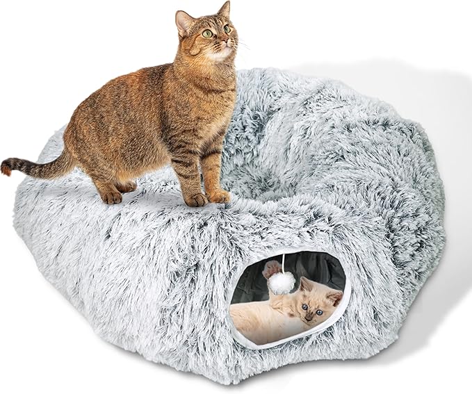 Cat Donut Bed with Washable Cushion – Cat Caves for Indoor Cats – Collapsible Donut Bed with Peekaboo Pet Tunnel Toy – Cozy Hideout for Kittens, Ferrets, Rabbits & Dogs - Grey
