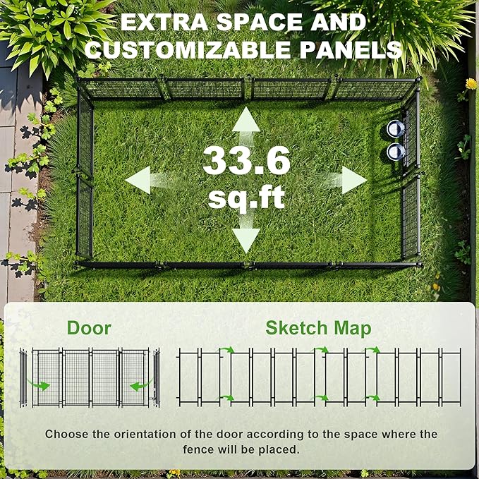 Greesum Large Outdoor Dog Kennel, Heavy Duty Welded Wire Steel Dog Playpen Fence with Secure Lock/UV-Resistant Waterproof Roof Cover/Rotaing Feeder Bowls, for Small/Medium/Large Dogs, XL