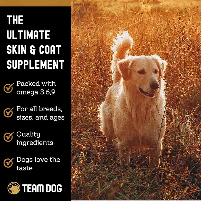 TEAM DOG Omega Skin and Coat Chews for Dogs | Wild Alaskan Salmon Oil for Dogs Skin and Coat Supplement | Allergy & Itchy Skin Relief for Dog Shedding | for a Glowing Coat & Healthy Skin | 120 Count