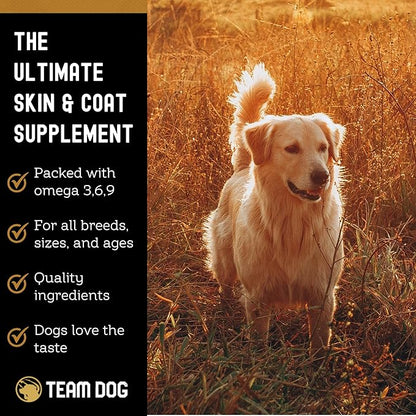 TEAM DOG Omega Skin and Coat Chews for Dogs | Wild Alaskan Salmon Oil for Dogs Skin and Coat Supplement | Allergy & Itchy Skin Relief for Dog Shedding | for a Glowing Coat & Healthy Skin | 120 Count