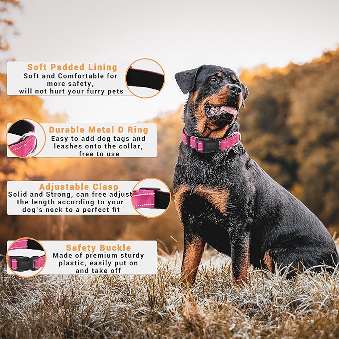 2 Pack Reflective Dog Collar with Safety Locking Buckle, Adjustable Soft Breathable Comfortable Nylon Pet Collar for Small, Medium and Large Dogs, Hotpink, M