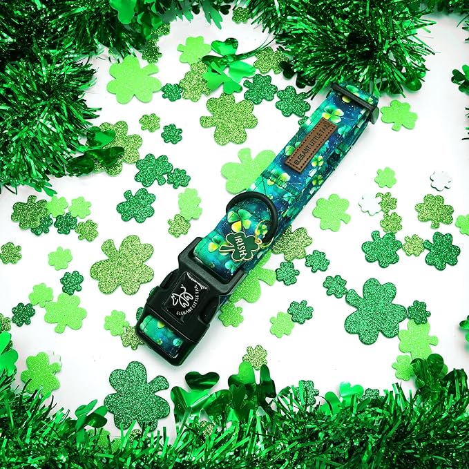 Elegant little tail St Patrick's Day Dog Collar-Green Cute Colver Cotton Shamrock Pet Collar Trefoil Holiday Adjustable Cotton Pet Collar with Quick Release Buckle for Small Medium Large Dogs