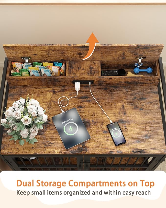 Piskyet Large Dog Crate Furniture,Heavy Duty Dog Crate Table with Charge Station and Storage&360°Rotatable Feeder and Stainless Steel Bowls,Indoor Double Door Kennel with Wheels,Rustic Brown 39.9" L