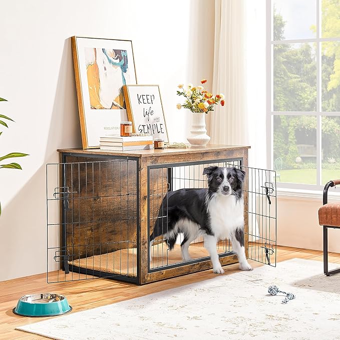 Yaheetech 40'' Dog Crate Furniture with Cushion Wooden Dog Crate with Double Doors/Adjustable Feet Side End Table for Small/Medium Dogs