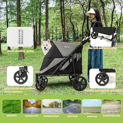 Dog Stroller for Medium/Large Dogs One-Click Folding 4 Wheel Pet Stroller Foldable Dog Stroller for 2 Dogs Jogger Stroller with Storage Pocket Suitable for Pets Up to 110LBS (Black&Grey)
