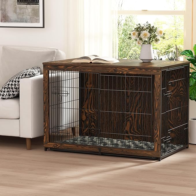 Megidok Wooden Dog Crate Furniture with Cushion, Dog Crate End Table with Tray, Double Doors Dog Crate(*L:43.1" L*28.6" W*30.3" H, Rustic Style)