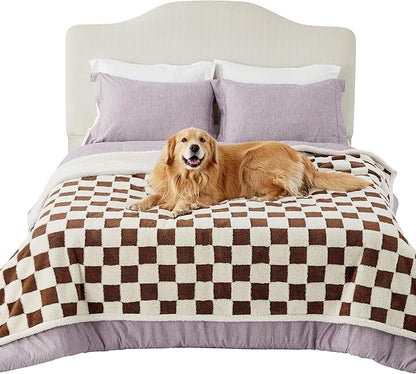 Lesure Waterproof Dog Blanket for Large Dogs - Washable Double Sided Dog Blankets with Warm Jacquard Shag and Soft Sherpa Fleece, Pet Cat Blanket for Bed Protection, 3D Textured Checks, Brown