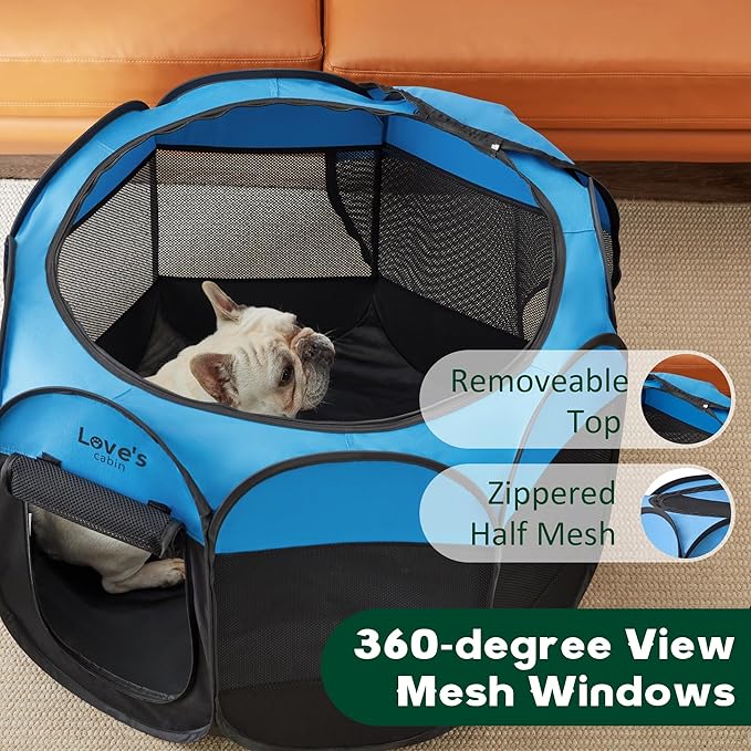 Love's cabin Pet Puppy Dog Playpen, Small Dog Tent Crates Cage Indoor/Outdoor, Portable Playpen for Cat, Foldable Pop Up Dog Kennel Playpen with Carring Case, Removable Zipper Top, Blue