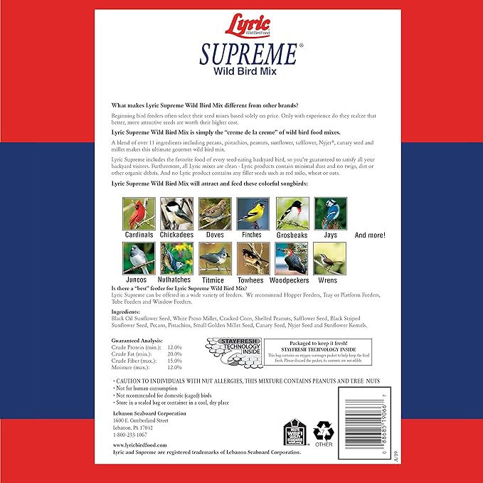 Lyric Supreme Wild Bird Seed for Outside Feeders - Wild Bird Food Mix with Nuts & Sunflower Seeds, Attracts Many Beautiful Songbirds, 13.5 lb (Pack of 3-4.5 lb Bags)