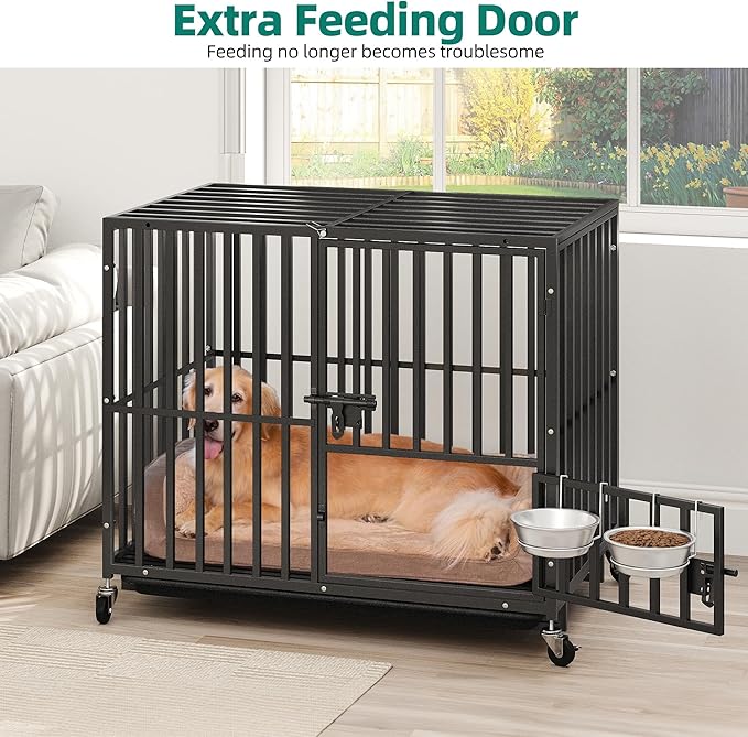 YITAHOME Heavy Duty Indestructible Dog Crate, 37 inch Escape Proof Dog Cage Kennel with Lockable Wheels, High Anxiety Dog Crate, Large Crate Indoor for Small Dog with Removable Tray