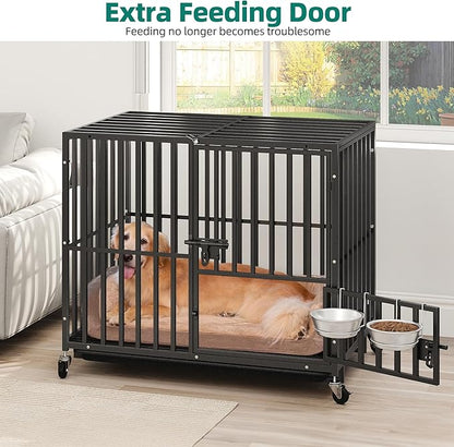 YITAHOME Heavy Duty Indestructible Dog Crate, 37 inch Escape Proof Dog Cage Kennel with Lockable Wheels, High Anxiety Dog Crate, Large Crate Indoor for Small Dog with Removable Tray