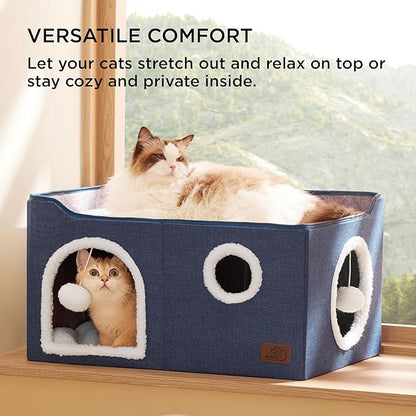 Bedsure Large Cat Beds for Indoor Cats - Extra Wide Cat Cube House for Small Pet with Fluffy Ball Hanging and Scratch Pad, Foldable Pet Cave Hideaway for Multiple Cats, 23.6x16.9x13 inches, Blue