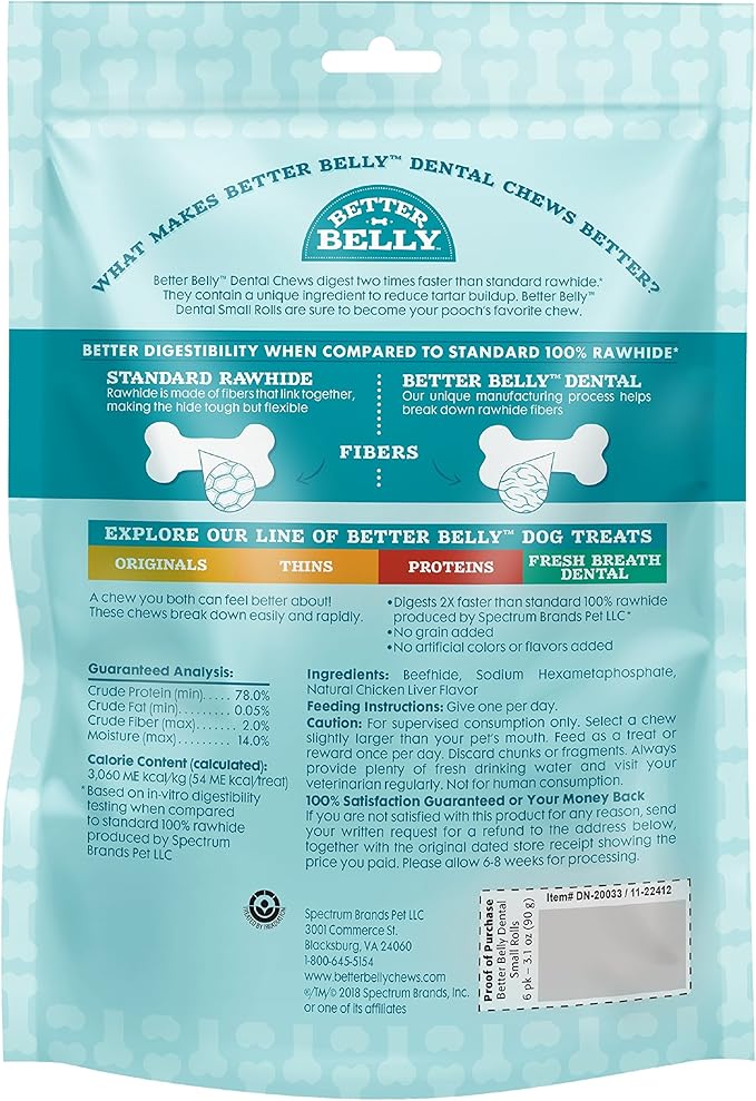 Better Belly Highly Digestible Rawhide Dental Chews, Treat Your Dog to a Chew with NO Artificial Colors or Flavors, 10 Count