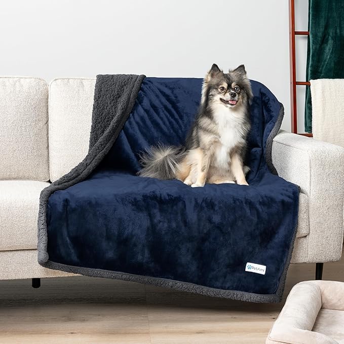 PetAmi Waterproof Dog Blanket for Medium Large Dog, Pet Puppy Blanket Couch Cover Protection, Sherpa Fleece Cat Blanket, Sofa Bed Furniture Protector Reversible Soft Plush Washable, 60x40 Navy Gray