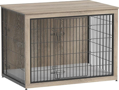 Piskyet Dog Crate Furniture with Cushion,Heavy-Duty Reinforced Metal Mesh,44" Wooden Dog Crate End Table with Double Doors,Indoor Dog Kennel,Dog Cage Side Table for Large Breed,Grey